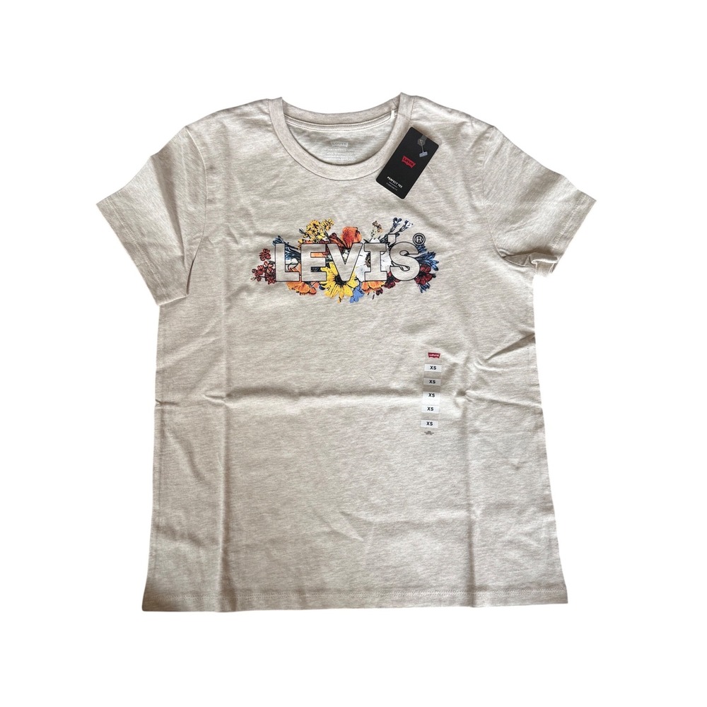 Levi's Women's Perfect Tee Floral Graphic Logo T-Shirt Oatmeal Beige XS New